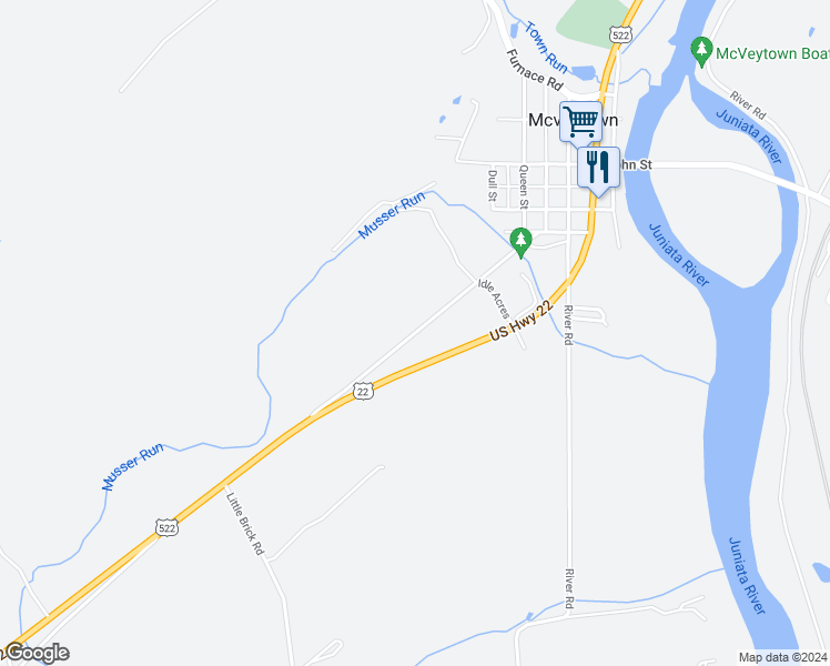 map of restaurants, bars, coffee shops, grocery stores, and more near Old State Road in McVeytown
