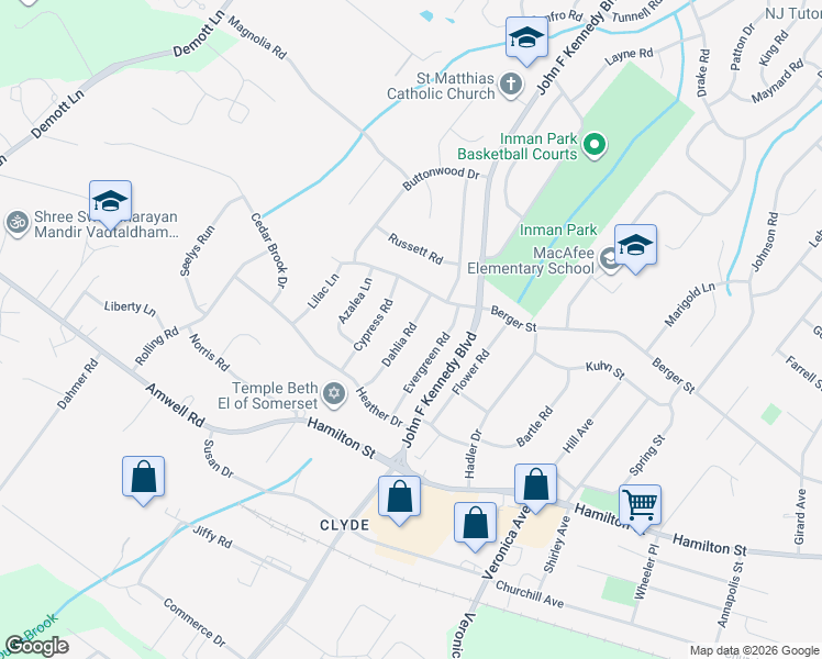 map of restaurants, bars, coffee shops, grocery stores, and more near 14 Dahlia Road in Franklin Township