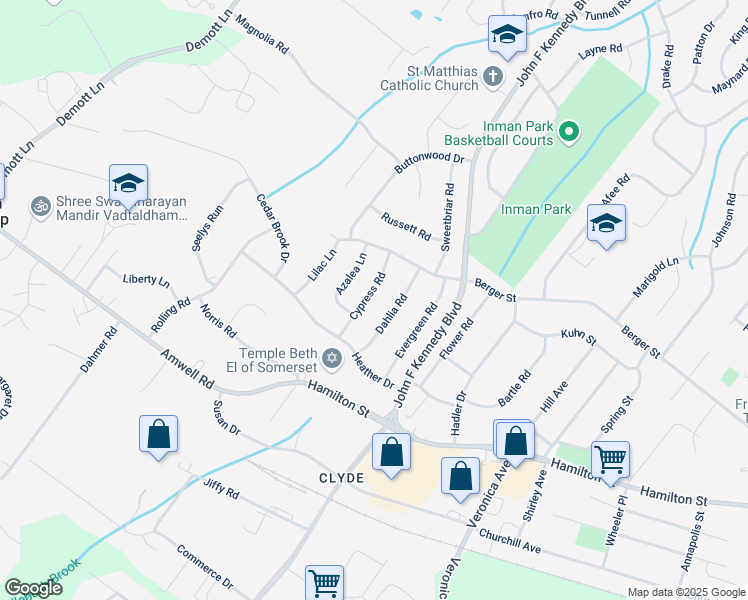 map of restaurants, bars, coffee shops, grocery stores, and more near 14 Dahlia Road in Franklin Township