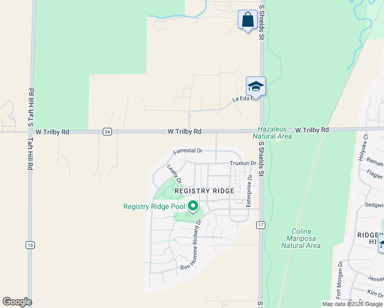 map of restaurants, bars, coffee shops, grocery stores, and more near 1338 Truxtun Drive in Fort Collins