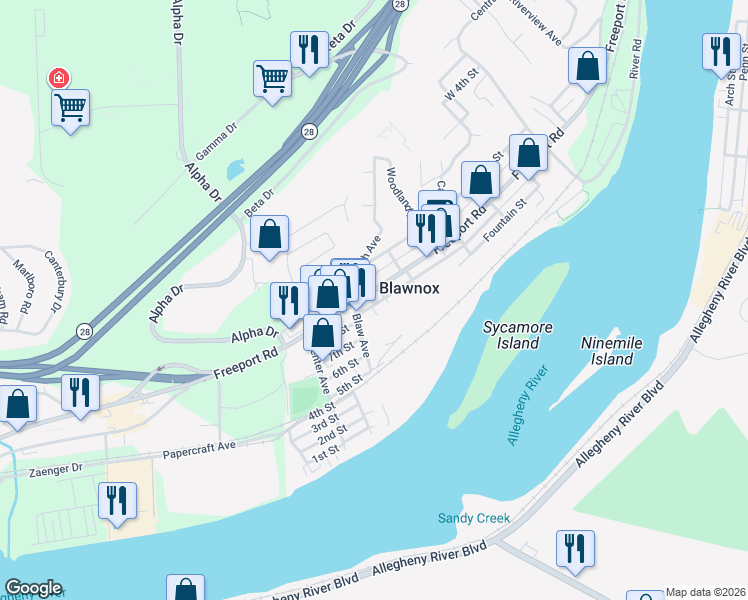 map of restaurants, bars, coffee shops, grocery stores, and more near 710 Laurel Street in Pittsburgh
