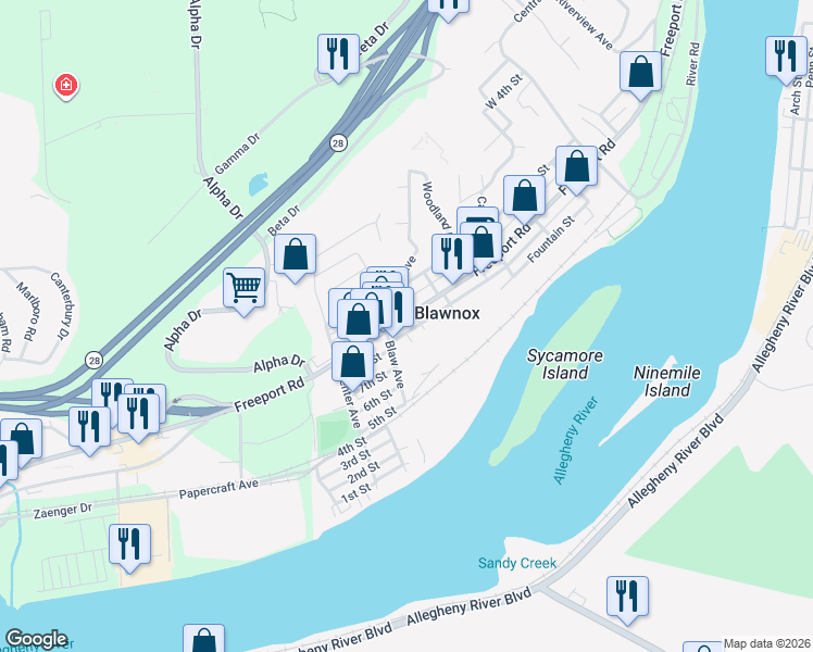 map of restaurants, bars, coffee shops, grocery stores, and more near 710 Laurel Street in Pittsburgh