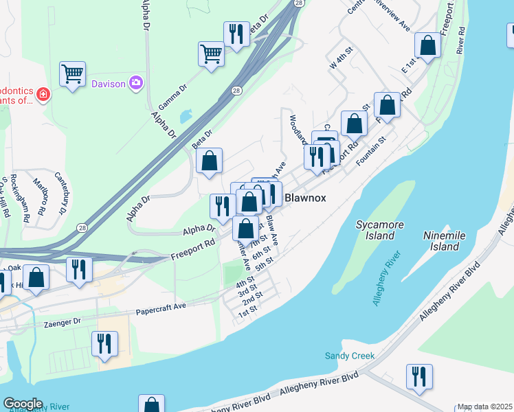 map of restaurants, bars, coffee shops, grocery stores, and more near 254 Freeport Road in Blawnox