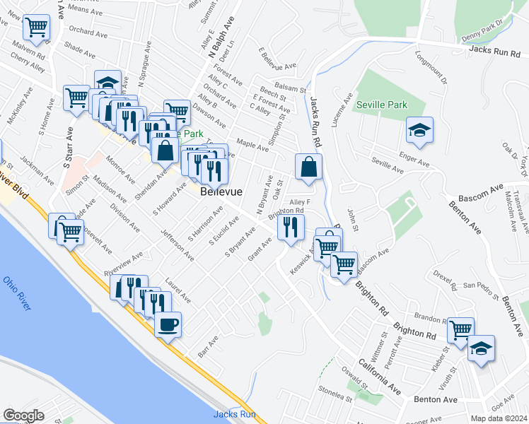 map of restaurants, bars, coffee shops, grocery stores, and more near 230 Lincoln Avenue in Bellevue