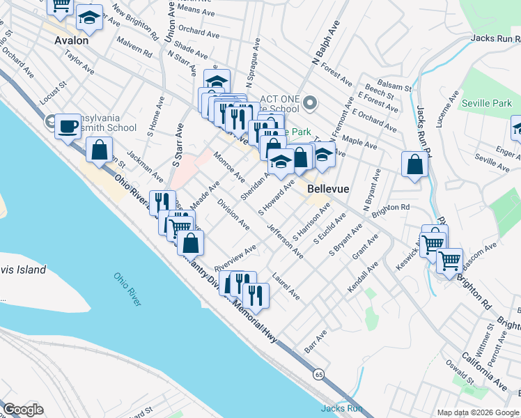 map of restaurants, bars, coffee shops, grocery stores, and more near 438 Division Avenue in Pittsburgh