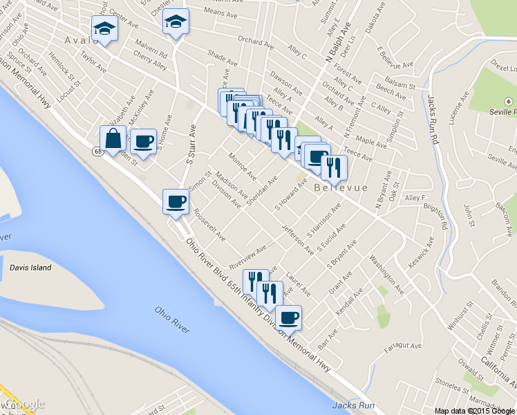 map of restaurants, bars, coffee shops, grocery stores, and more near 438 Division Avenue in Pittsburgh