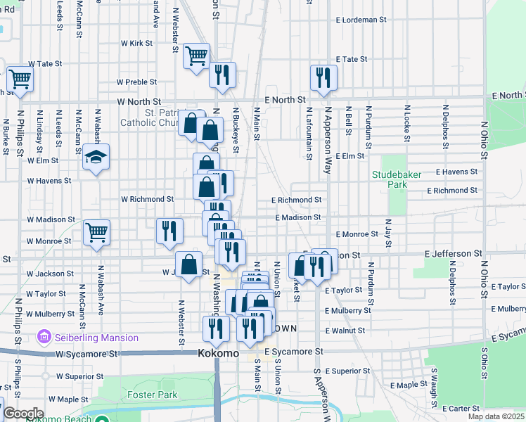 map of restaurants, bars, coffee shops, grocery stores, and more near 719 North Main Street in Kokomo