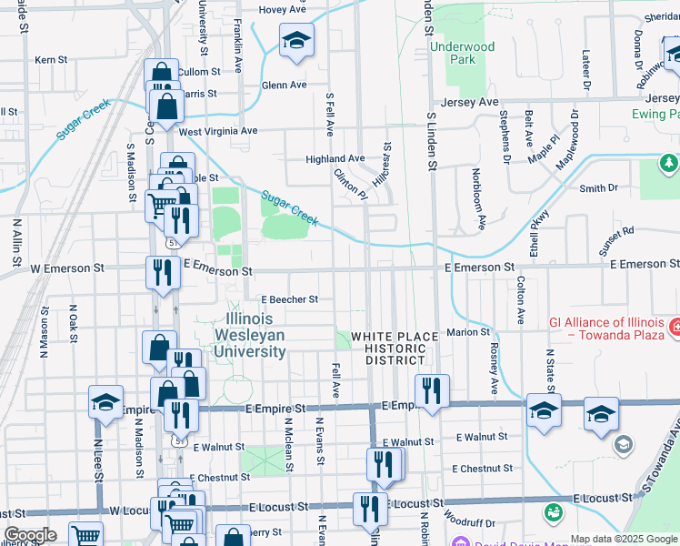map of restaurants, bars, coffee shops, grocery stores, and more near 1413 Fell Avenue in Bloomington