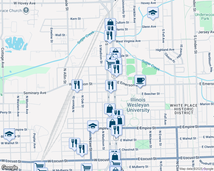 map of restaurants, bars, coffee shops, grocery stores, and more near 201 West Seminary Avenue in Bloomington
