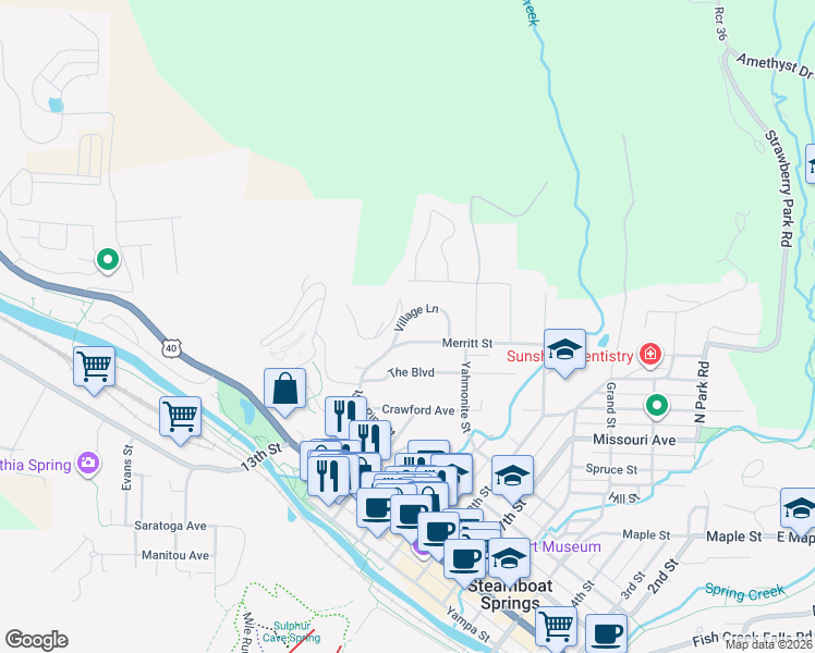 map of restaurants, bars, coffee shops, grocery stores, and more near 1103 Village Lane in Steamboat Springs