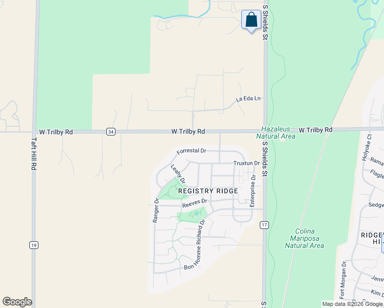 map of restaurants, bars, coffee shops, grocery stores, and more near 1351 Forrestal Drive in Fort Collins