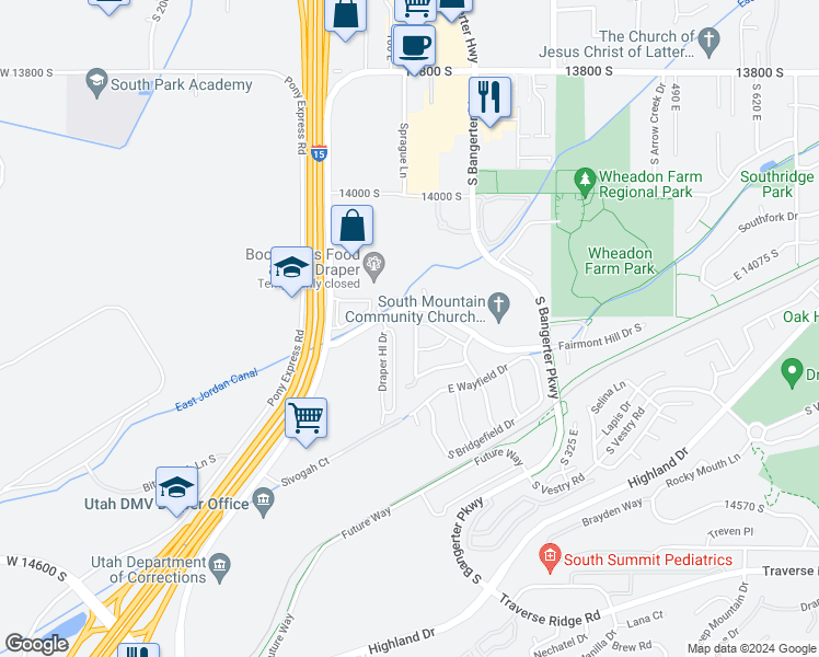 map of restaurants, bars, coffee shops, grocery stores, and more near 14240 Daisyfield Drive in Draper