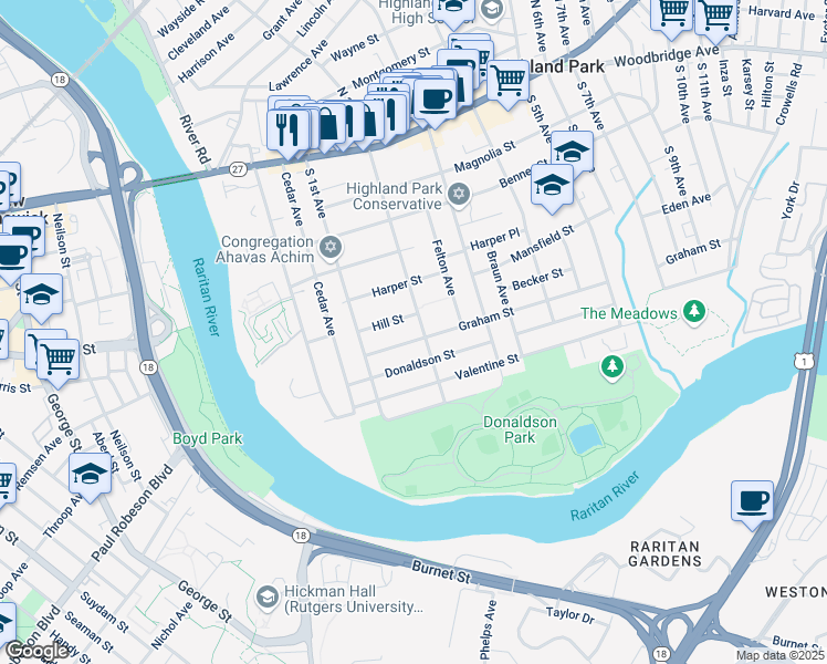 map of restaurants, bars, coffee shops, grocery stores, and more near 140 Graham Street in Highland Park