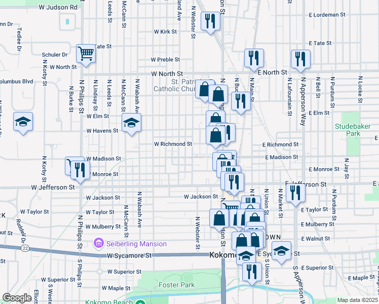 map of restaurants, bars, coffee shops, grocery stores, and more near 809 North Webster Street in Kokomo