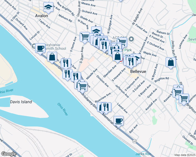 map of restaurants, bars, coffee shops, grocery stores, and more near 125 Sheridan Avenue in Pittsburgh