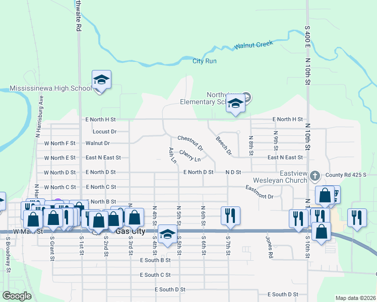 map of restaurants, bars, coffee shops, grocery stores, and more near 510 Cherry Lane in Gas City