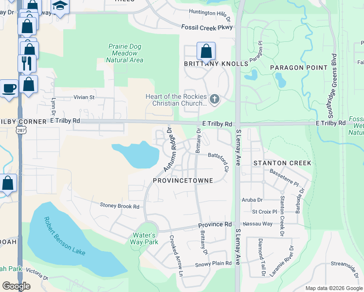 map of restaurants, bars, coffee shops, grocery stores, and more near 821 Candlewood Drive in Fort Collins