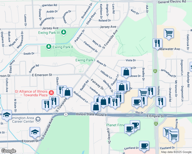 map of restaurants, bars, coffee shops, grocery stores, and more near 203 Mecherle Drive in Bloomington