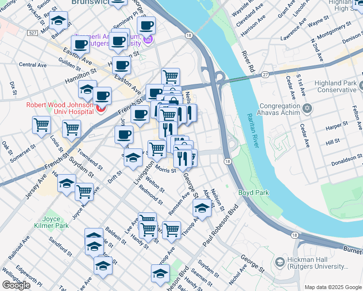 map of restaurants, bars, coffee shops, grocery stores, and more near 317 George Street in New Brunswick