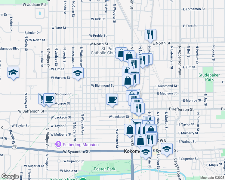 map of restaurants, bars, coffee shops, grocery stores, and more near 811 North Webster Street in Kokomo