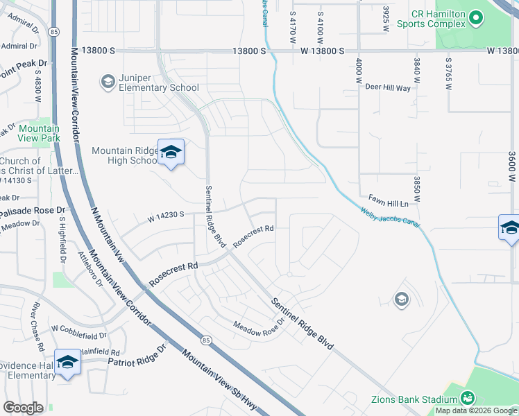 map of restaurants, bars, coffee shops, grocery stores, and more near 14248 South Greenford Lane in Riverton