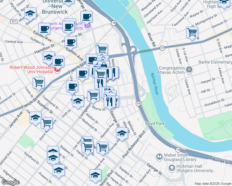map of restaurants, bars, coffee shops, grocery stores, and more near in New Brunswick