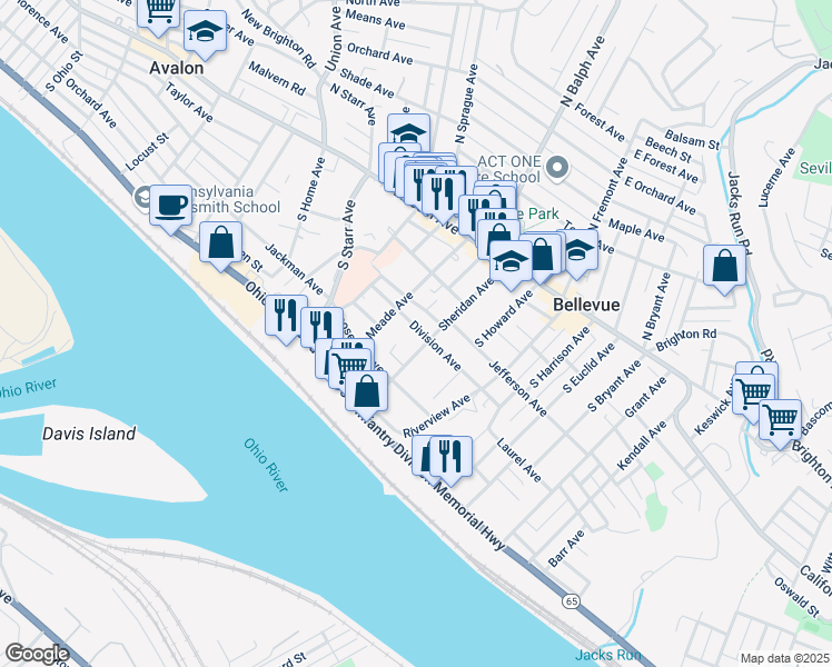 map of restaurants, bars, coffee shops, grocery stores, and more near 125 Sheridan Avenue in Pittsburgh