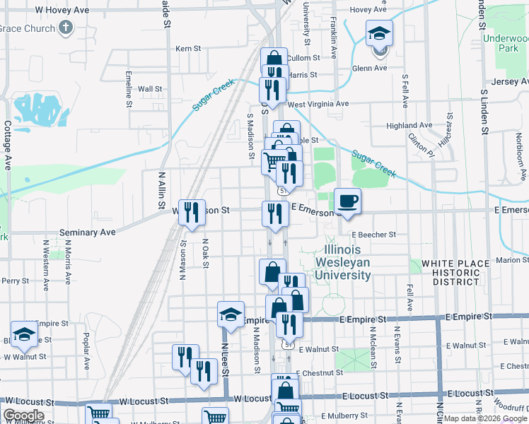 map of restaurants, bars, coffee shops, grocery stores, and more near 201 West Seminary Avenue in Bloomington