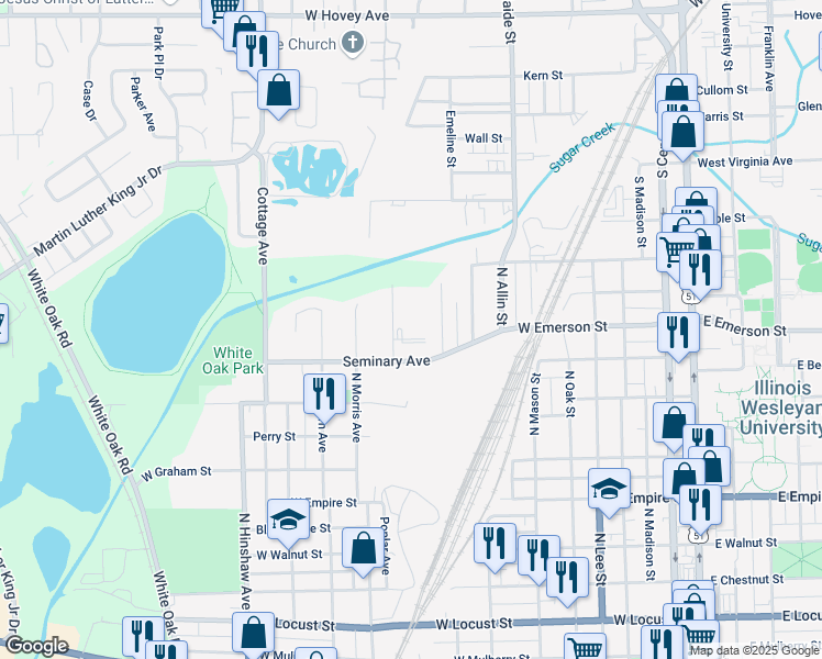 map of restaurants, bars, coffee shops, grocery stores, and more near 1501-1509 Calhoun Street in Bloomington