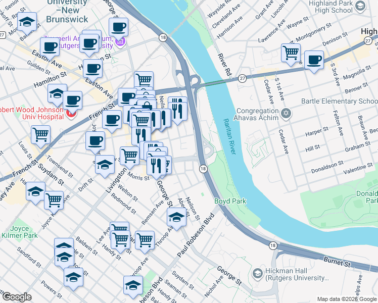 map of restaurants, bars, coffee shops, grocery stores, and more near 1 Richmond Street in New Brunswick