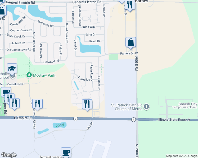 map of restaurants, bars, coffee shops, grocery stores, and more near 1041 Ekstam Drive in Bloomington