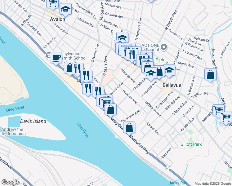 map of restaurants, bars, coffee shops, grocery stores, and more near 520 Roosevelt Avenue in Pittsburgh