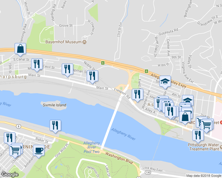 map of restaurants, bars, coffee shops, grocery stores, and more near 4511 Main Street in Pittsburgh