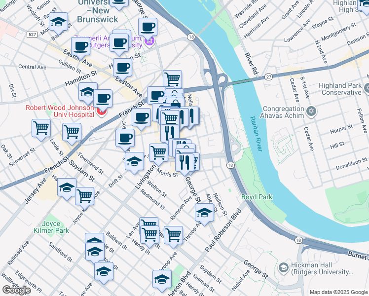 map of restaurants, bars, coffee shops, grocery stores, and more near 317 George Street in New Brunswick