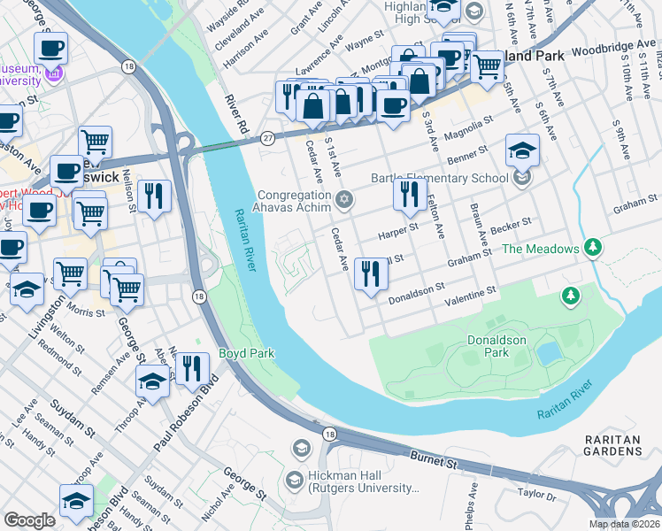 map of restaurants, bars, coffee shops, grocery stores, and more near 123 South Adelaide Avenue in Highland Park