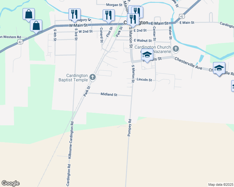 map of restaurants, bars, coffee shops, grocery stores, and more near 109 Midland Street in Cardington