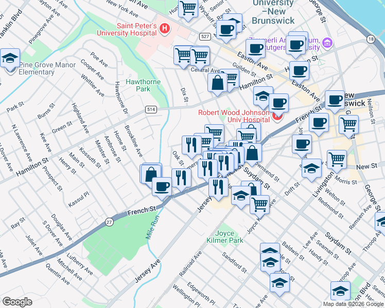 map of restaurants, bars, coffee shops, grocery stores, and more near 299 Somerset Street in New Brunswick