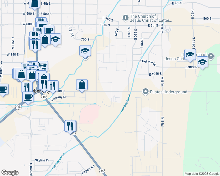 map of restaurants, bars, coffee shops, grocery stores, and more near 625 East 1200 South in Heber City