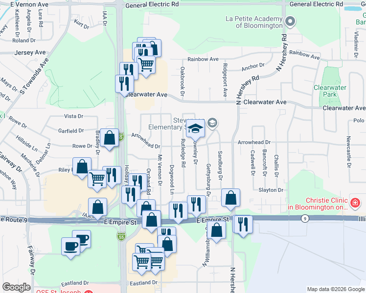 map of restaurants, bars, coffee shops, grocery stores, and more near 2001 Arrowhead Drive in Bloomington