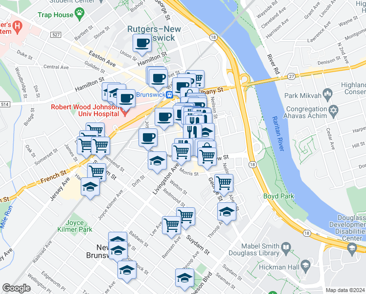 map of restaurants, bars, coffee shops, grocery stores, and more near 23 Livingston Avenue in New Brunswick