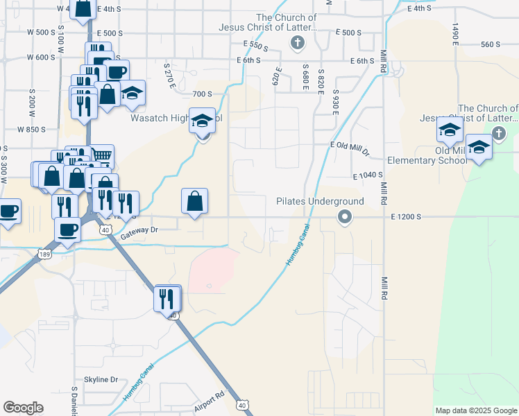 map of restaurants, bars, coffee shops, grocery stores, and more near 625 East 1200 South in Heber City