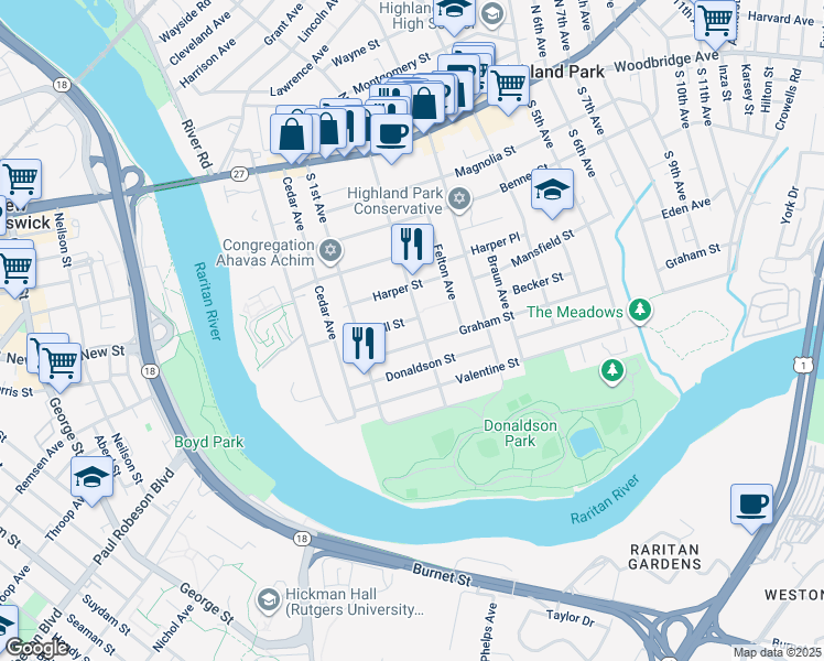 map of restaurants, bars, coffee shops, grocery stores, and more near 140 Graham Street in Highland Park