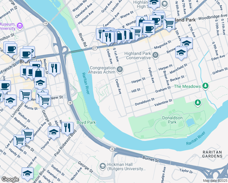 map of restaurants, bars, coffee shops, grocery stores, and more near 204 South Adelaide Avenue in Highland Park