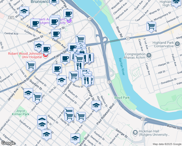 map of restaurants, bars, coffee shops, grocery stores, and more near in New Brunswick