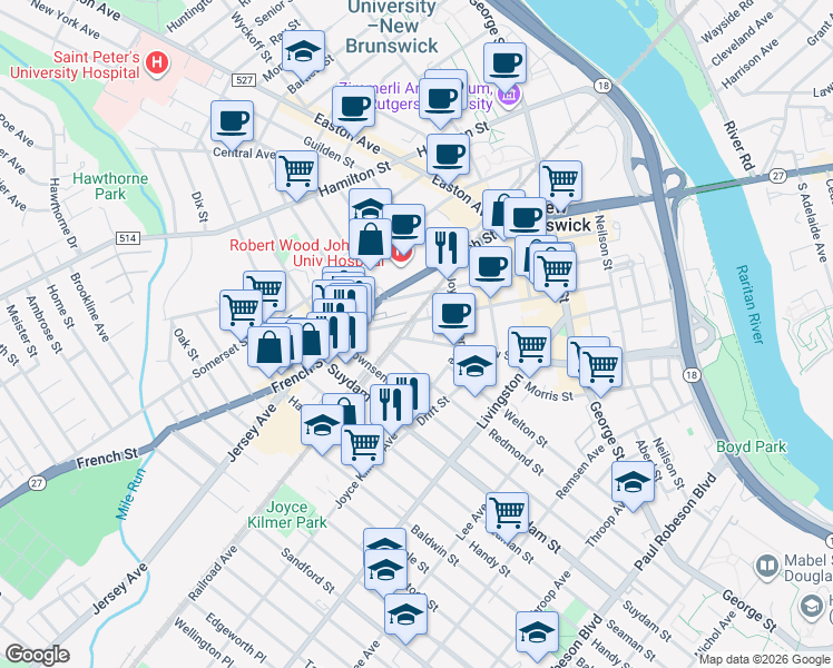 map of restaurants, bars, coffee shops, grocery stores, and more near 295 Redmond Street in New Brunswick