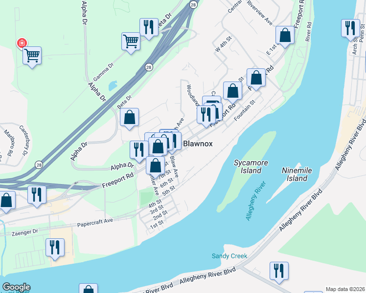 map of restaurants, bars, coffee shops, grocery stores, and more near 710 Laurel Street in Pittsburgh