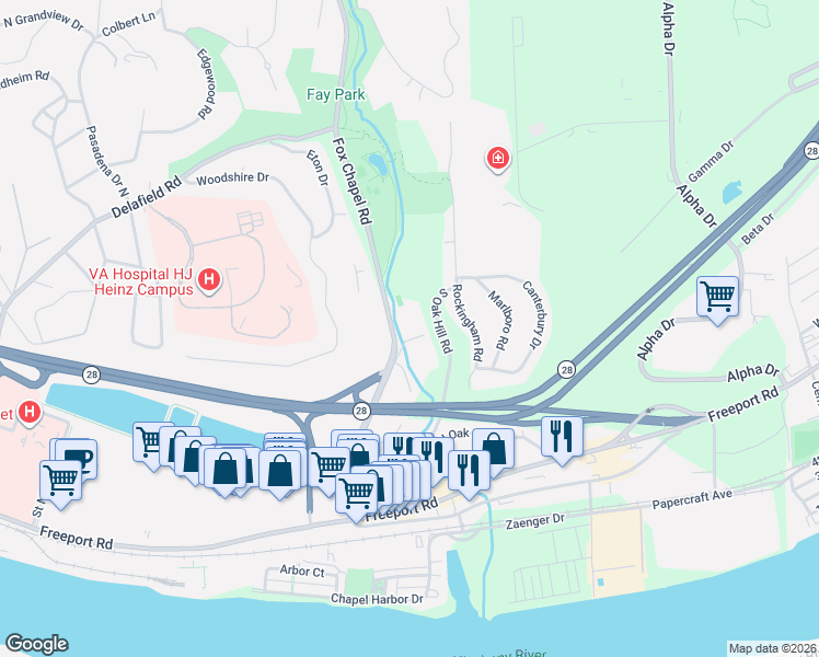 map of restaurants, bars, coffee shops, grocery stores, and more near 300 Fox Chapel Road in Pittsburgh