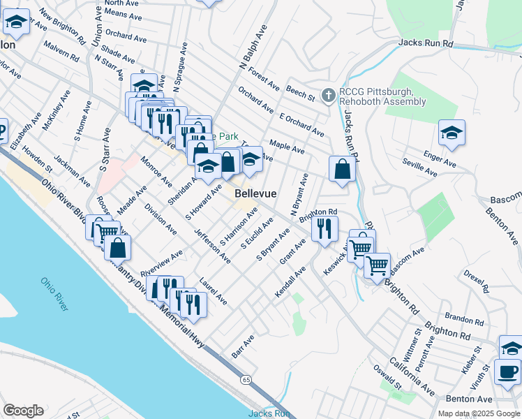 map of restaurants, bars, coffee shops, grocery stores, and more near 35 South Harrison Avenue in Pittsburgh