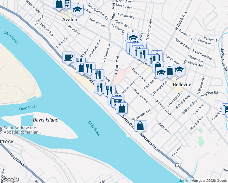 map of restaurants, bars, coffee shops, grocery stores, and more near 326 Riverview Avenue in Pittsburgh