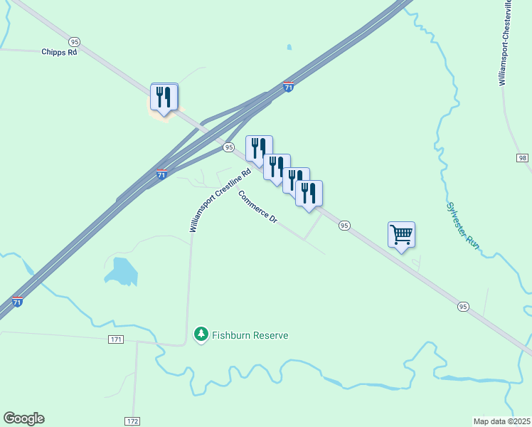 map of restaurants, bars, coffee shops, grocery stores, and more near Commerce Drive in Mount Gilead